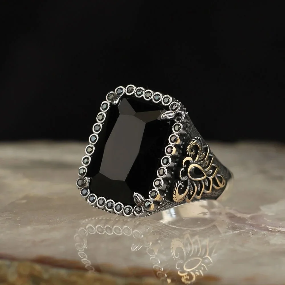 Real 925 Sterling Silver Ring For Men High quality Jewelry Retro Fashion Vintage Handmade Gift Zircon Onyx Agate all sizes