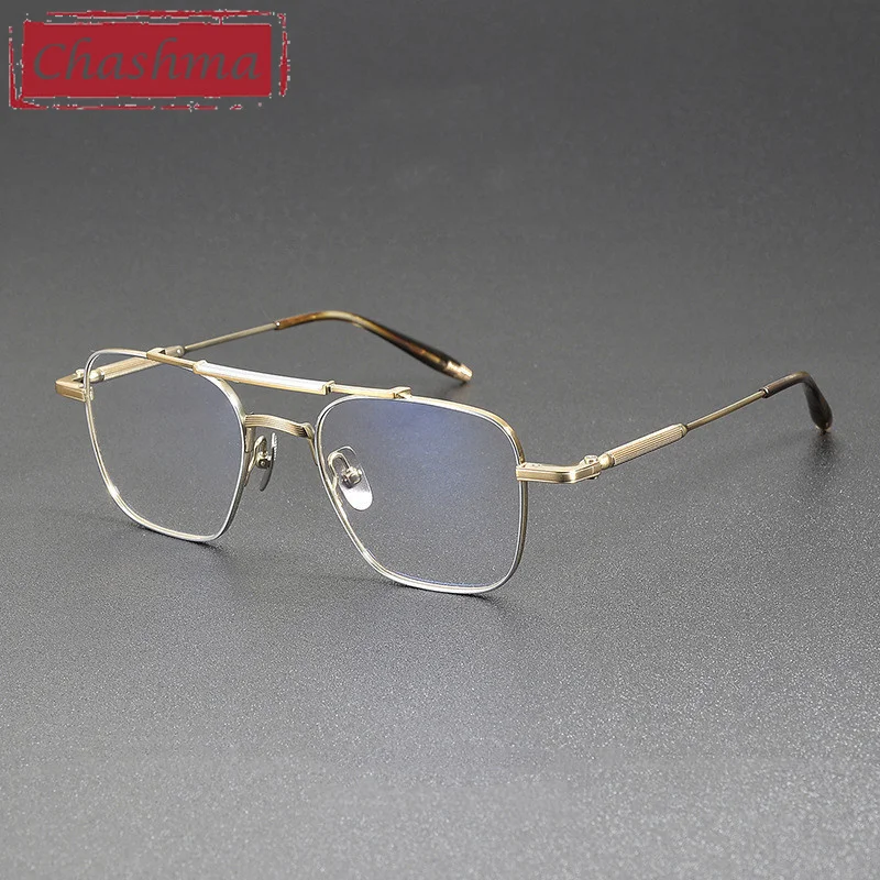 Chashma Men Eyeglasses Frames Pure Titanium High End Flat Top Double Bridge Style Optical Eyewear IP Plating Light Spectacles