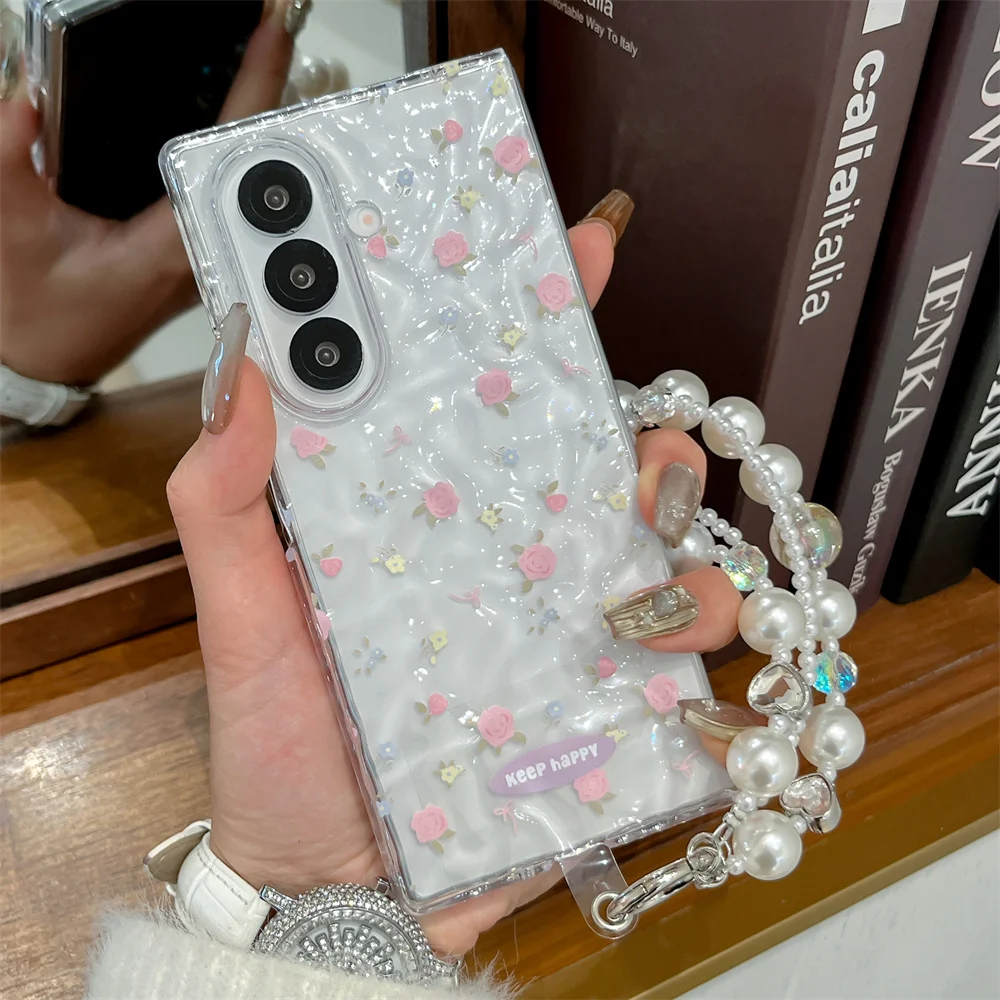 

Water Ripple Cute Flowers Phone Case For Samsung Galaxy Z Fold 7 Fold 6 Cover with Chain Cases zfold 6 7 Silicone Shockproof Cap