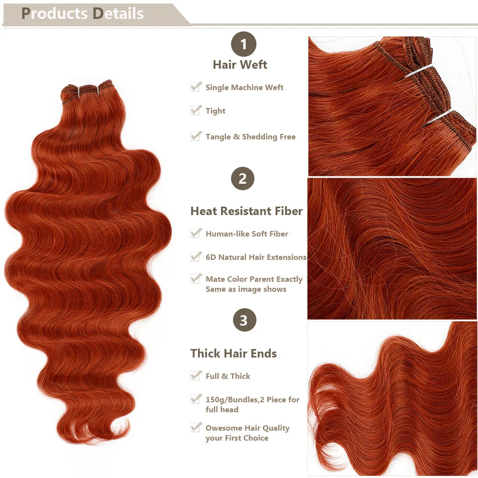 Extensões de cabelo sintético ondulado para mulheres, Pacotes de cabelo ondulado, Fibra resistente ao calor, Cobre Gengibre Laranja, Cosplay