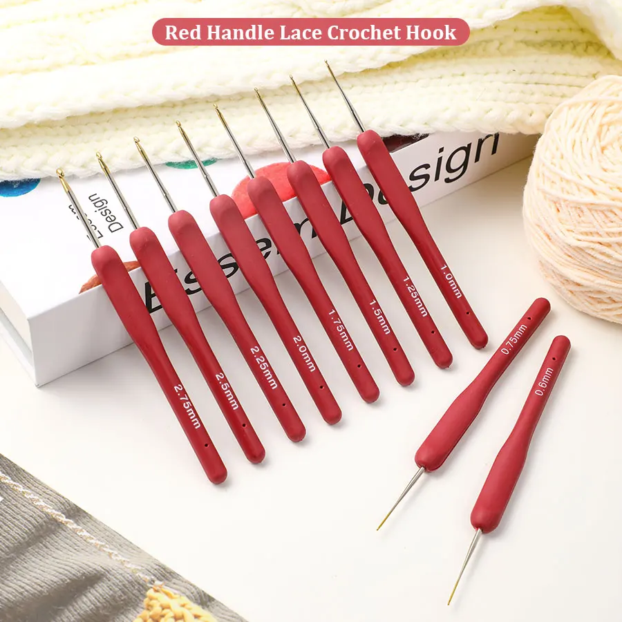 

10pcs/Set Lace Crochet Hooks with Red Handles and Gold Tips (0.6-2.75mm), Suitable for Knitting Sweaters, Scarves, Socks, etc.