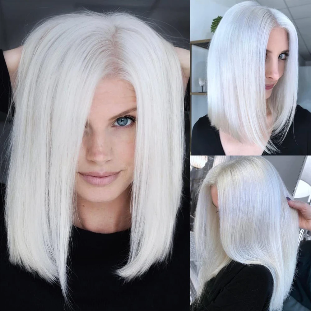 Silky Straight Short Bob Wig White 60# Full Lace Human Hair Wigs Platinum Blonde HD Lace Wig 13x6 Lace Front Wig 150% 14