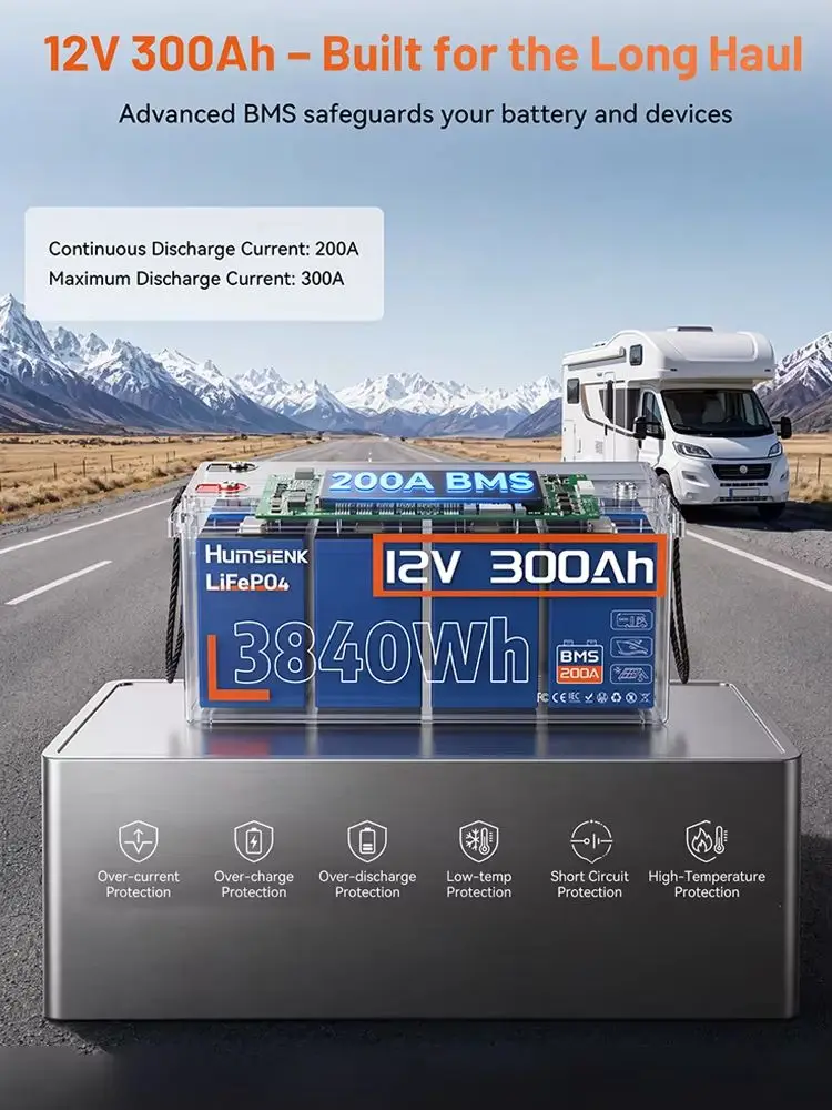 Humsienk 12V 300Ah LiFePO4 Lithium-Eisenphosphat-Batterie, integriertes 200A BMS, 3840Wh Tiefzyklusbatterie für Solarenergiespeicherung, Wohnmobile, Marine, Off-Grid & Notstromversorgung zu Hause