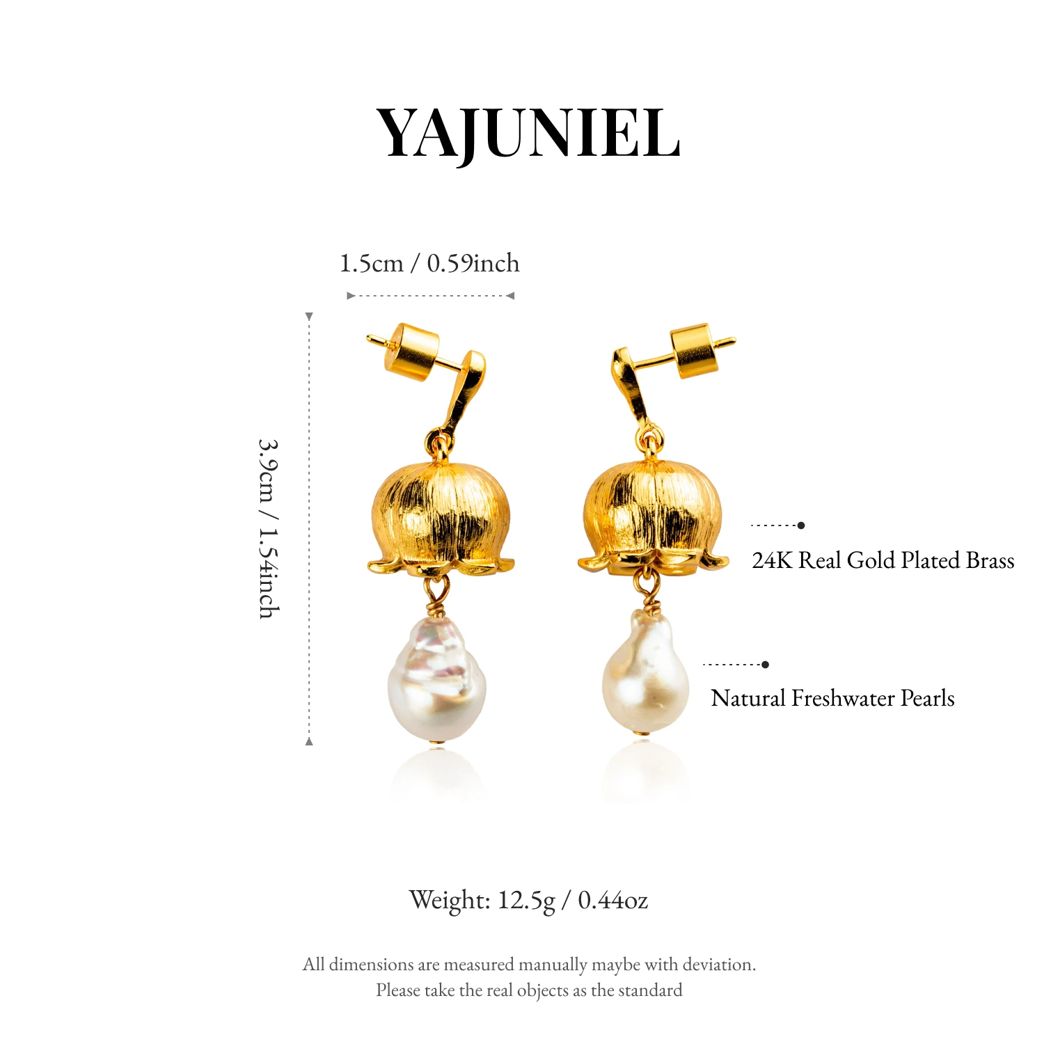 YAJUNIEL Flower Bud Earrings with Natural Baroque Pearl 24K Gold Plated Brushed Finish Drop Earrings for Women Jewelry Gift