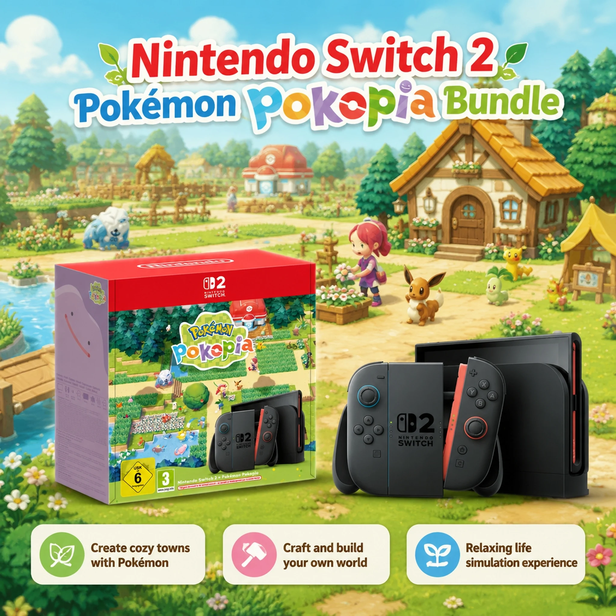 Nintendo Switch 2 Pokémon Pokopia Bundle - HK Version (HK Charger with HK to US Plug Adapter)