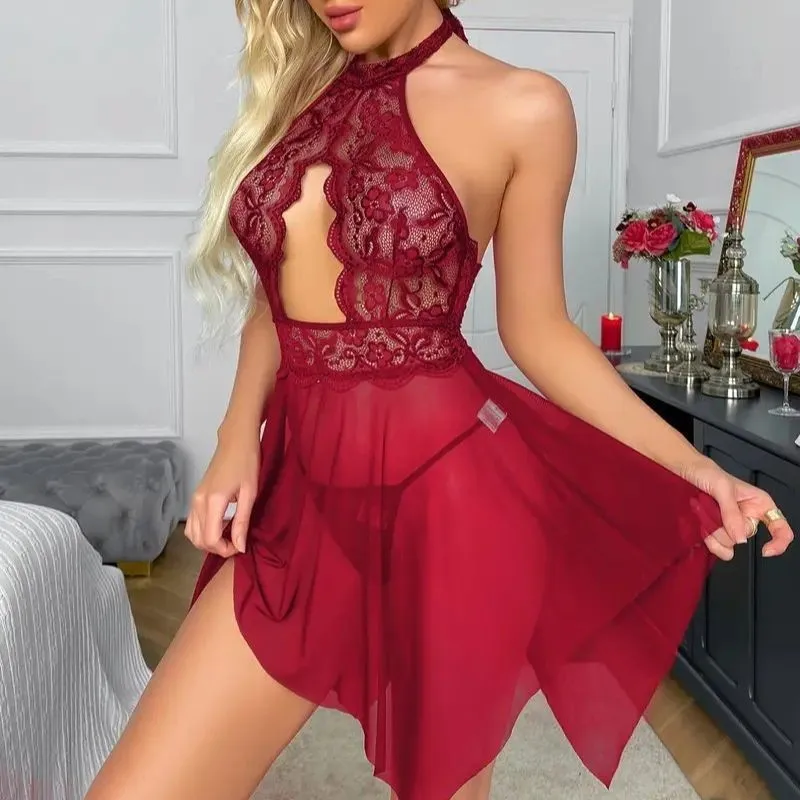 Venda quente rendas halterneck 18 + adulto sexy camisola lenceria exótico sexy roupa interior quente sexo camisola erótica