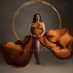 Maternity Photography Gown Sexy Elegant Long Dresses Gold Color Leather African Posing Props For Pregnant Women Photography