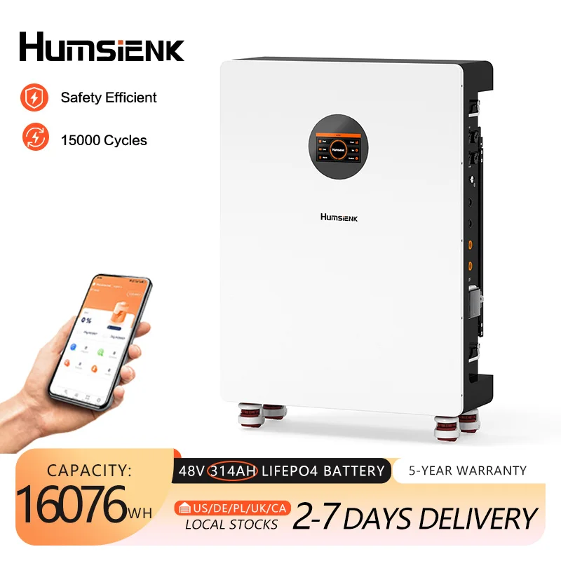 

Литиевая батарея Humsienk 48В 314Ач LiFePO4, настенная, 16 кВт·ч, со встроенным BMS 200А для солнечных систем, с Bluetooth, гарантия 5 лет