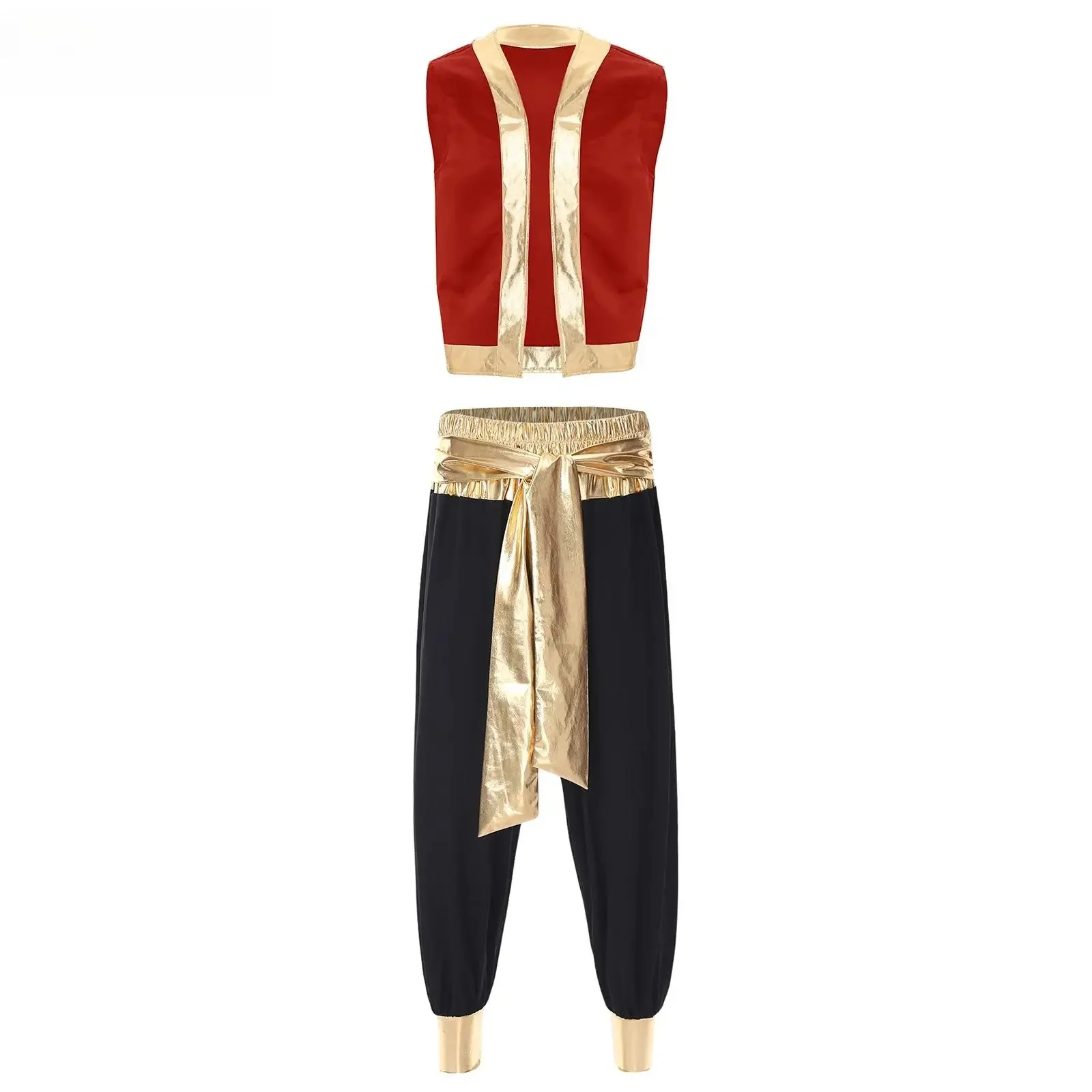 Heren Arabische Prins Aladin Kapitein Cosplay Kostuum Halloween Outfits Metallic Glanzende Trim Open Voorzijde Vest met Lange Broek Met Gordel - afbeelding 2