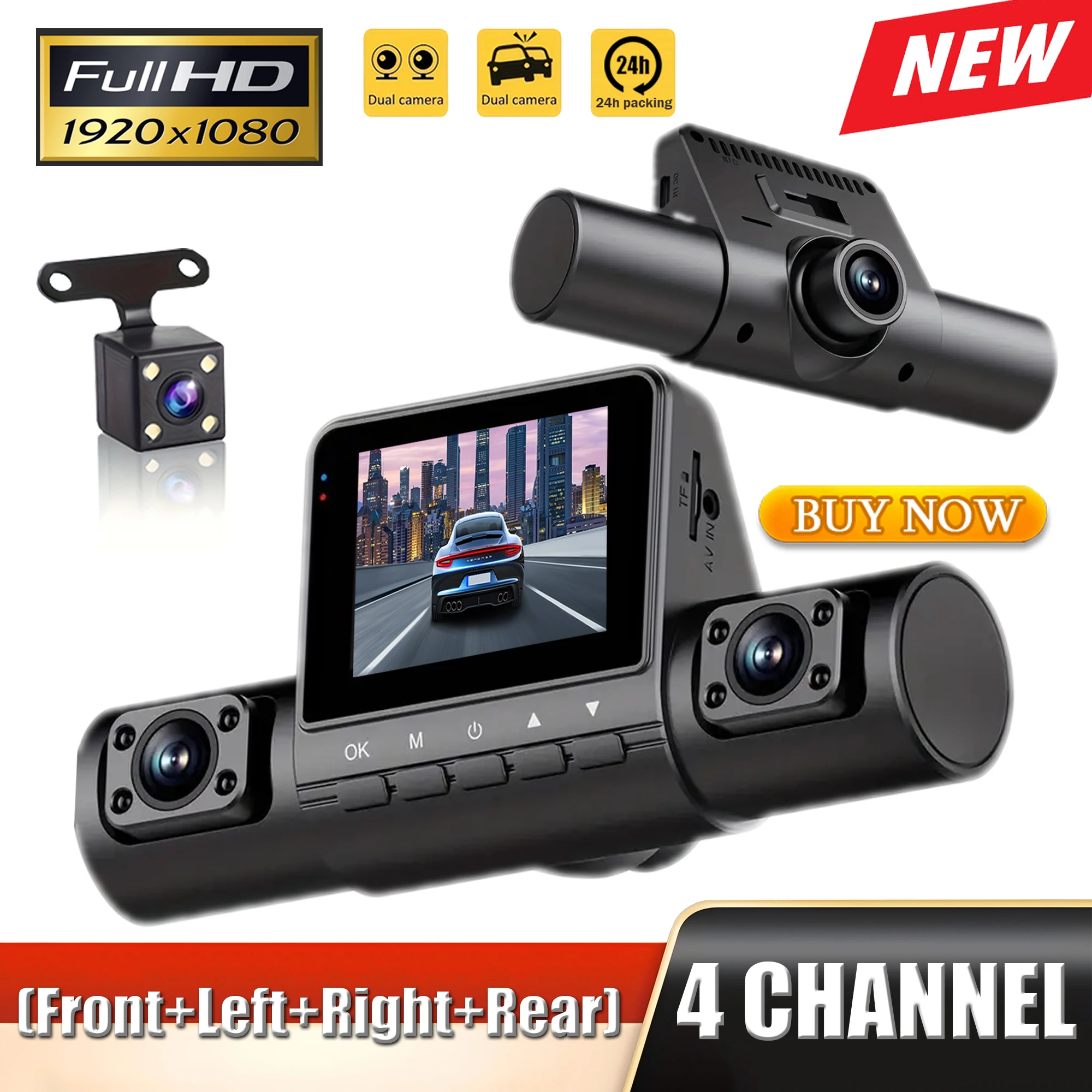 

Car Dash Cam 4 Channel Black Box Driving Camera FHD 1080P Front and 720P Left Right Rear Night Vision Loop Recording 24H Parking