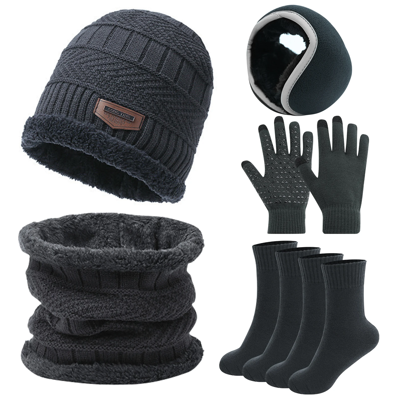 Hat Scarf Glovers Set Unisex 6PCS Fleece Lining Knitted Beanie Hat Earmuffs Neck Warmer for Skiing Hiking Driving