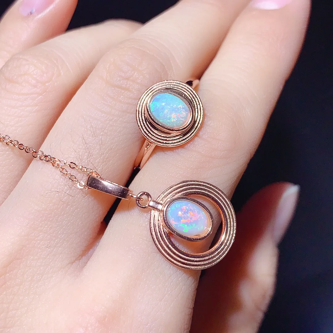 KJJEAXCMY Girl 5x7mm Natural Opal Pendant Necklace and Ring Set 925 Pure Silver Plated Rose Gold Clearance Sale, Gift for Girlfr