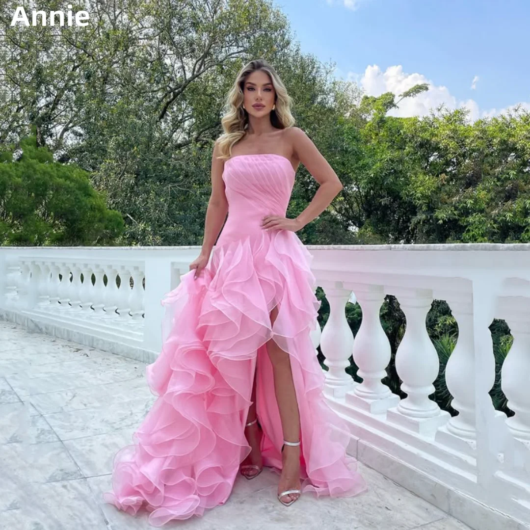 

Annie Sweet Pink Prom Dresses High And Low Ruffles Multi-layer Evening Dresses Sexy Strapless Lady Wedding Party Dresses