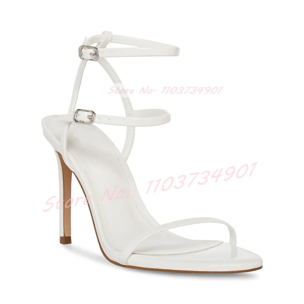 Gold Double Ankle Strap Round Toe Sandals Female Shiny Leather Thin High Heels Shoes Ladies Fashion Elegant Sexy Party Sandals