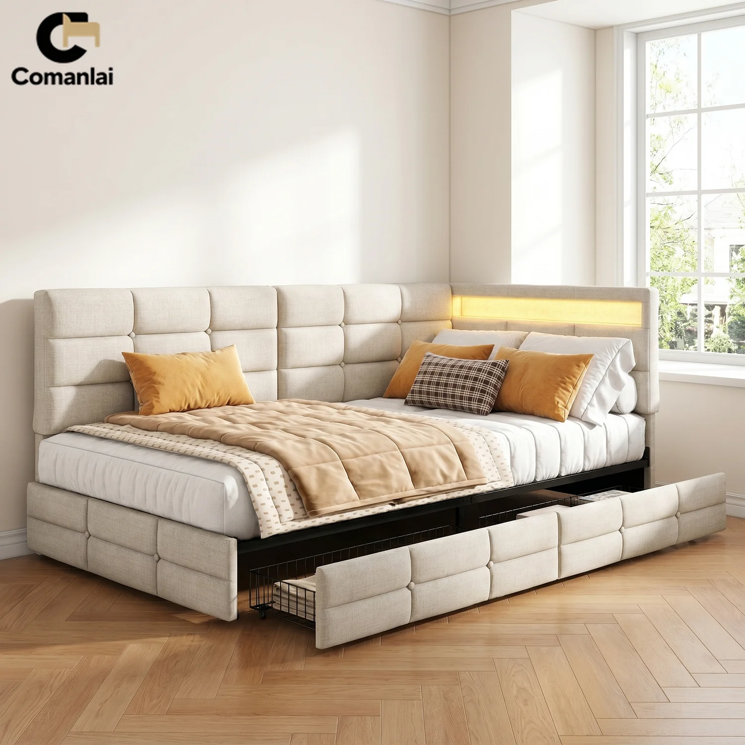 Comanlai Gepolstertes Schlafsofa mit 2 Schubladen & LED-Beleuchtung, 90x200cm/140x200cm Doppelbett mit USB-Ladeanschluss & Lattenrost