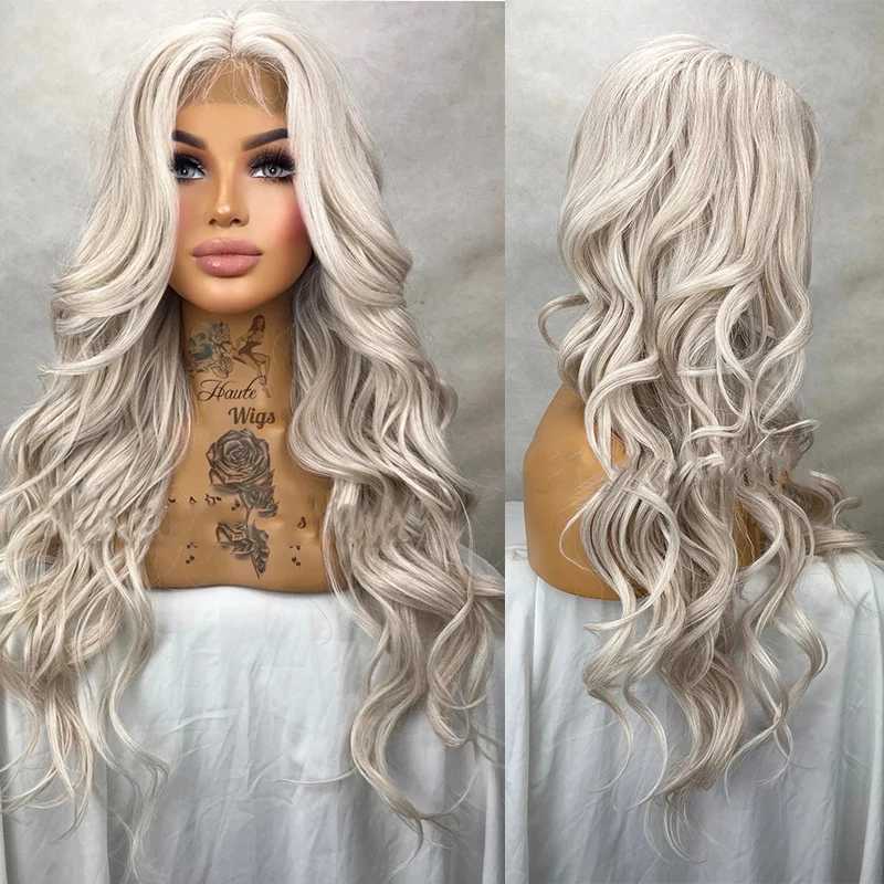 Wavy 28 inch Platinum White Silver Ash Blonde Wig Center Parting Womens HD Lace Front Realistic Human Hair Blend Ladies Gift