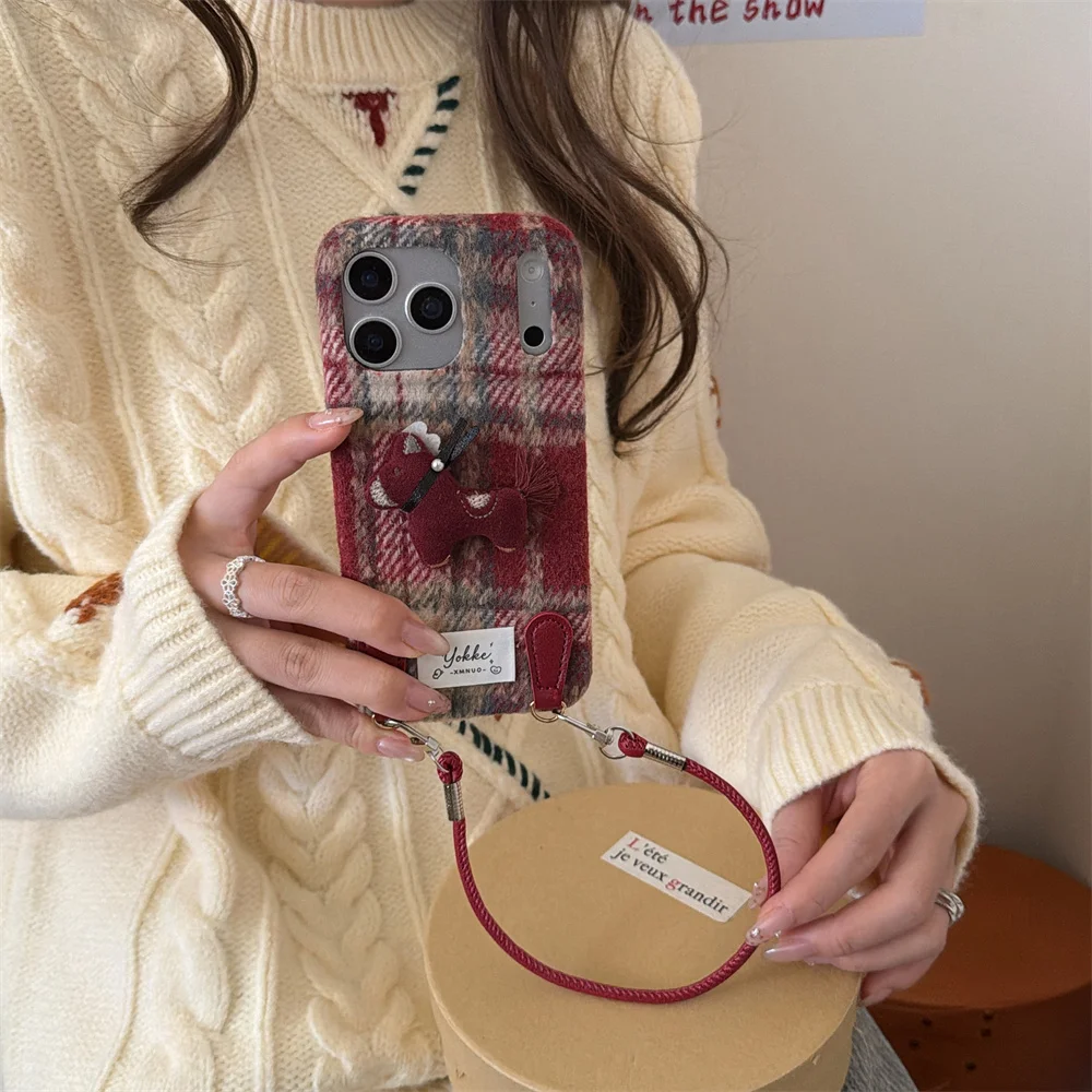 

Korean INS Plush Fuzzy Plaid Cute 3D Pony Phone case for iPhone 17 Pro 13 14 15 16 Pro Max Fundas With Hand Strap Shockproof Cov