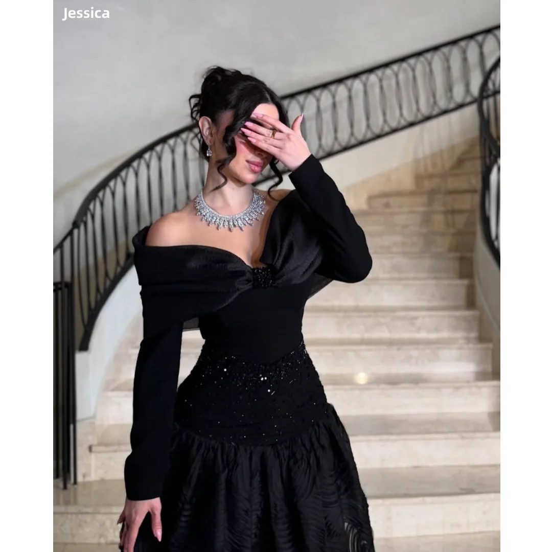 

Jessica Glitter Beads Evening Dresses Black Long Sleeve Elegant Lady Prom Dresses Special Occasions فساتين سهرة