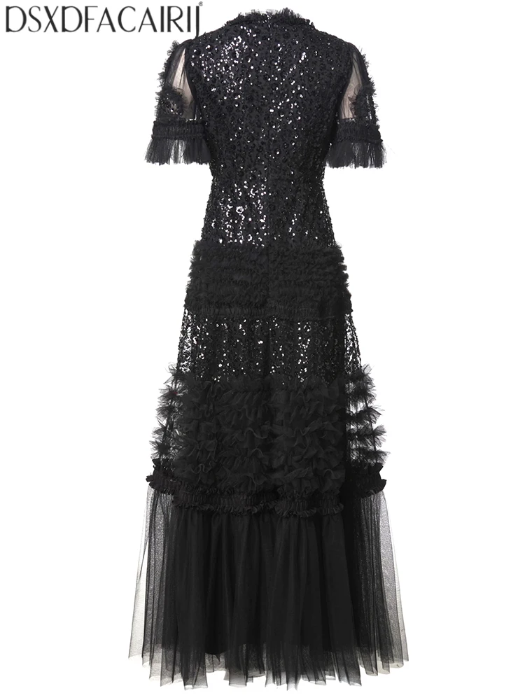 DSXDFACAIRIJ Women's Solid Vintage O-Neck Flare Sleeves Beading Sequins Summer New model Big pendulum Maxi Dresses