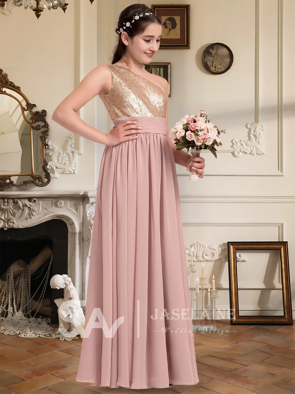 C Elegant A-Line One Shoulder Floor-Length Chiffon Sequin Junior Bridesmaid Dress Flower Girl Dress Girls Wedding Party Formal