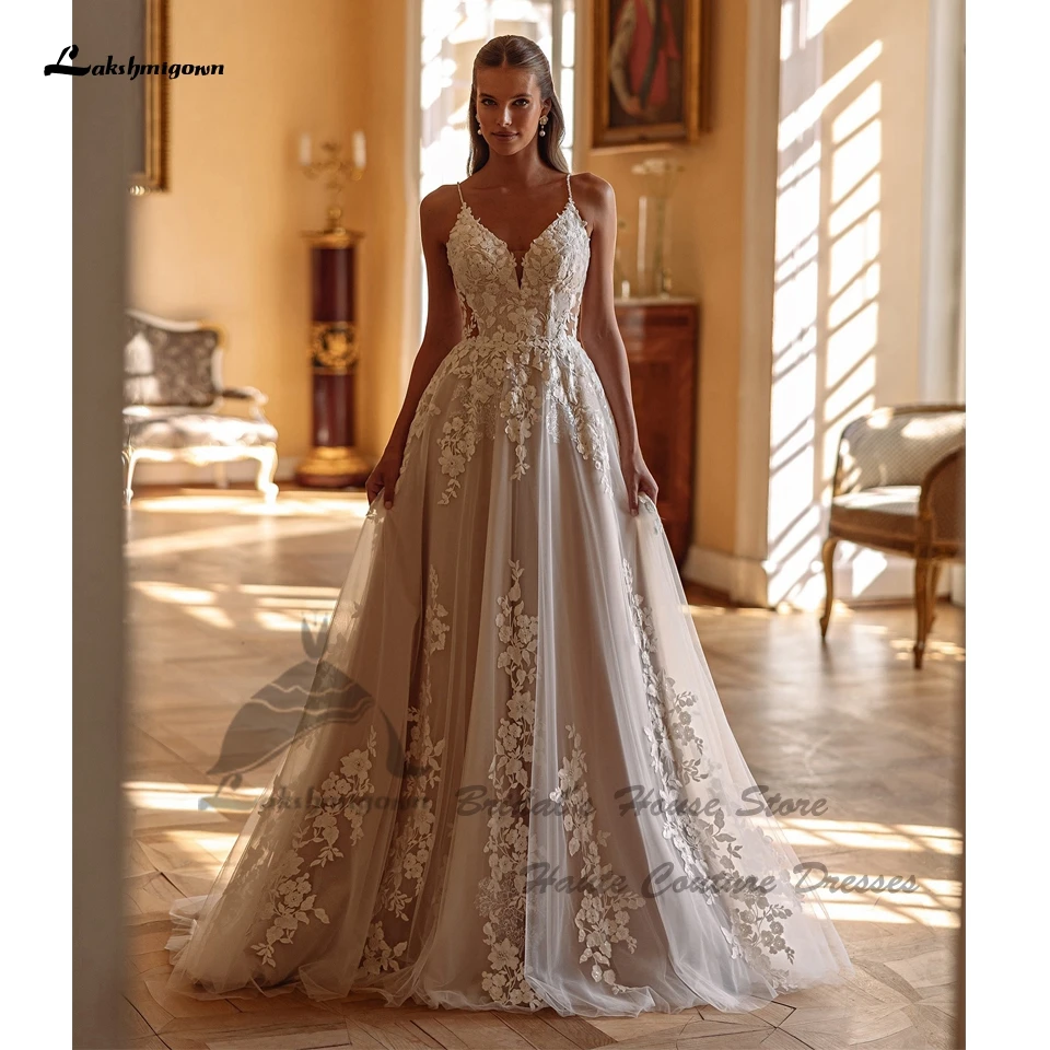 Lakshmigown Civil Lace Boho Hochzeitskleider Neu 2026 Abito Da Sposa Sexy Champagner Strand-Brautkleider V-Ausschnitt Spaghettiträger – Detail 6