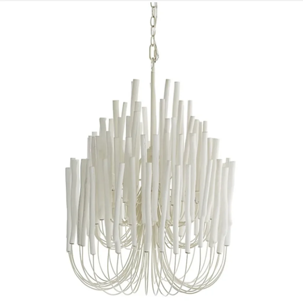 

Modern Design Wooden Rod Iron Arms Chandelier Mid-century White Hanging Lamp Lighting Fixture for Dining Room Bedroom