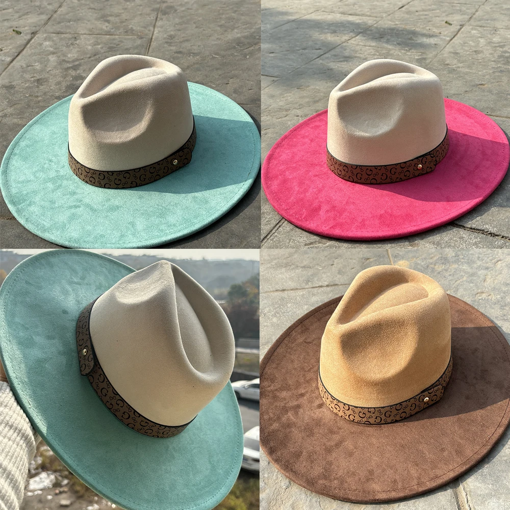 

This faux suede two-tone fedora hat features a belt detail, a heart-shaped crown, and a wide brim, making it a unisex, vintage-s