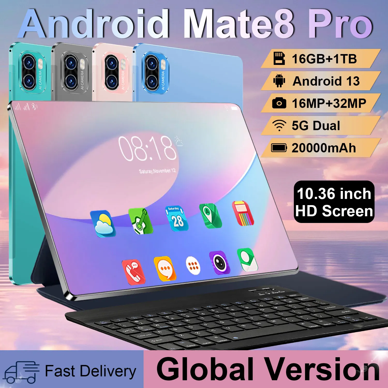 Version mondiale originale nouvelle tablette Mate8 Pro 10.36 pouces HD 4K Android 14 16GB + 1T 20000mAh 5G double SIM Bluetooth WiFi GPS tablette