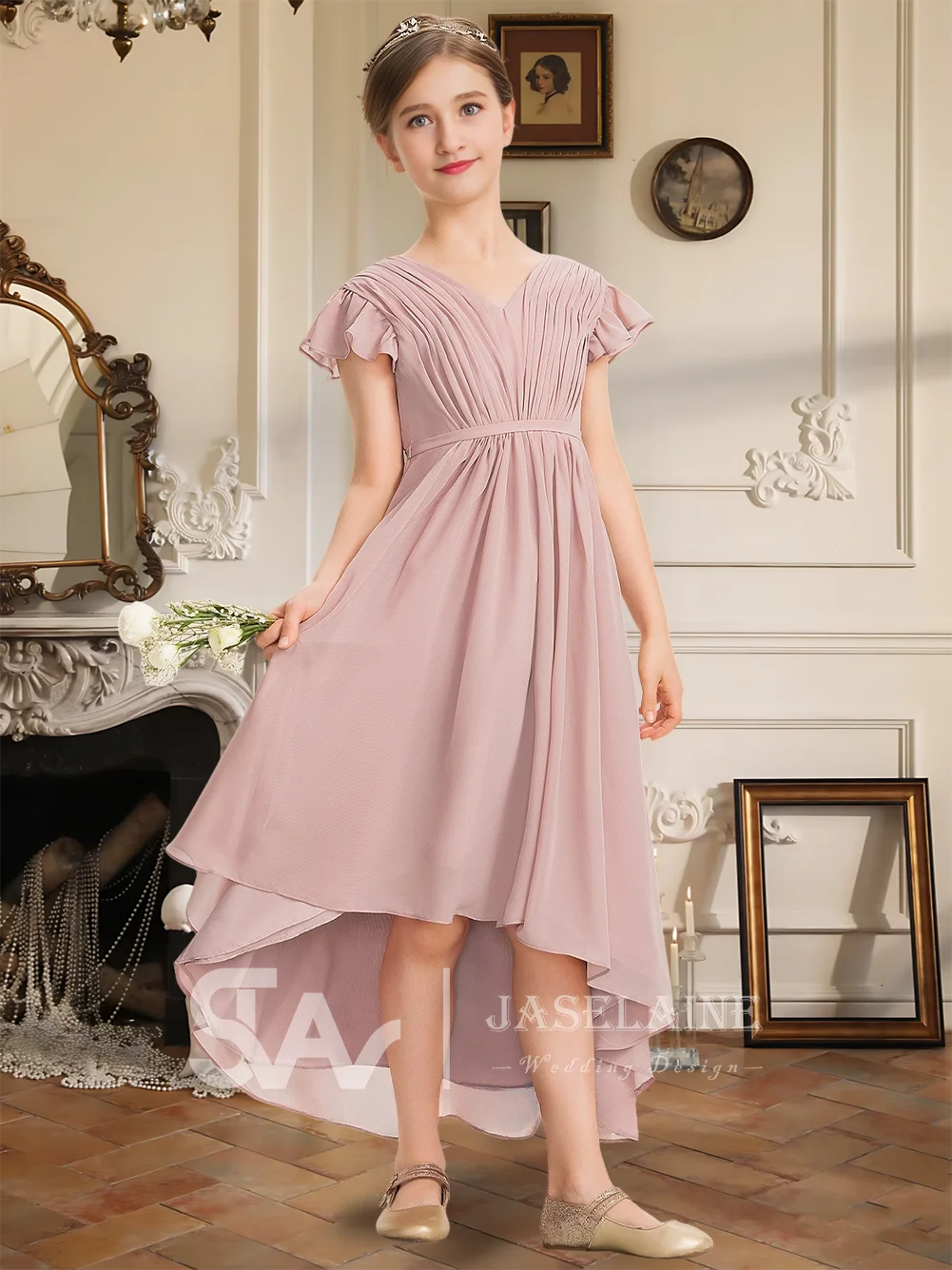 Elegant Chiffon Junior Bridesmaid Dress With V-Neck Asymmetrical Hem Bow Cascading Ruffles For Flower Girl Dress Wedding Party