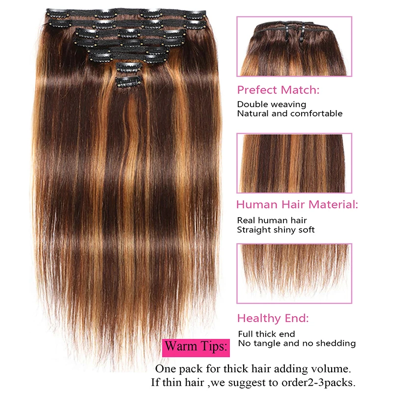 وصلات شعر بشري بكر ، مشبك مستقيم ، تمييز ، لحمة مزدوجة ، P4 ، 27 لون ، 8 2.8 #5