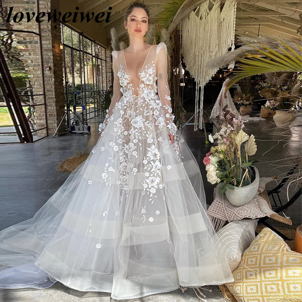 Vestido de novia de manga larga con cuello en V, Apliques de encaje, flores 3D, corte en A, bohemio, marfil, talla grande