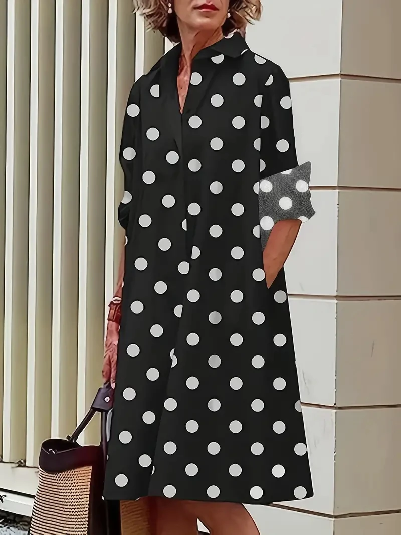 

Black Women's Dresses Polka-dot Button Pocket Shirt Dress, Casual Cuff Sleeve Dress For Spring & Fall,Women's Clothing Dresses