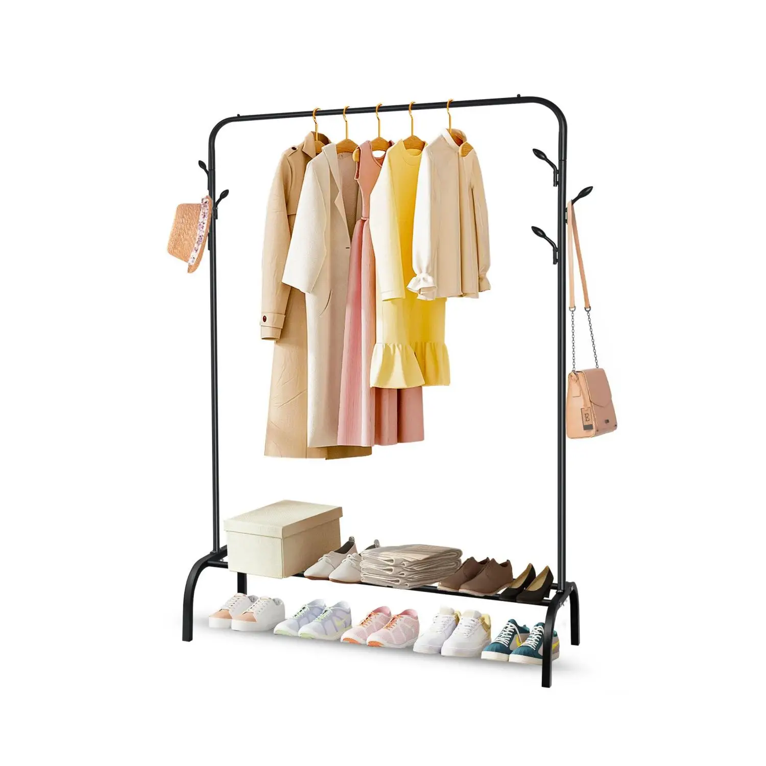 1 Layer Multifunction Clothing Garment Rack with Bottom Shelves,Metal Stand Rack with Rod,Lower Storage Shelf,Clothing display