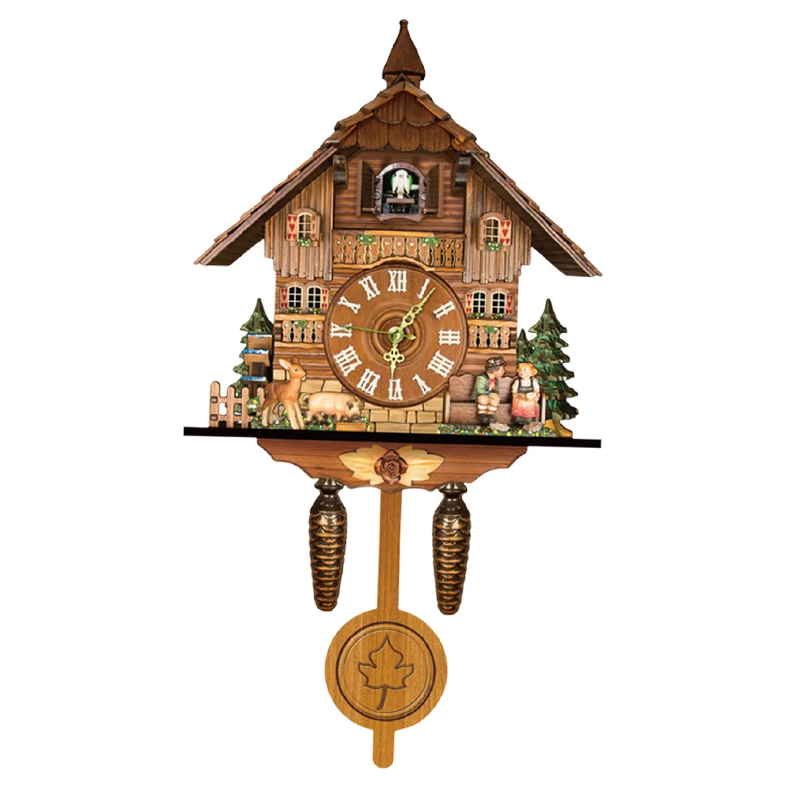 1 Piece Wooden Cuckoo Clock Creative Hanging Wall Clock with Auto Swing Pendulum for Home Living Room Decoration