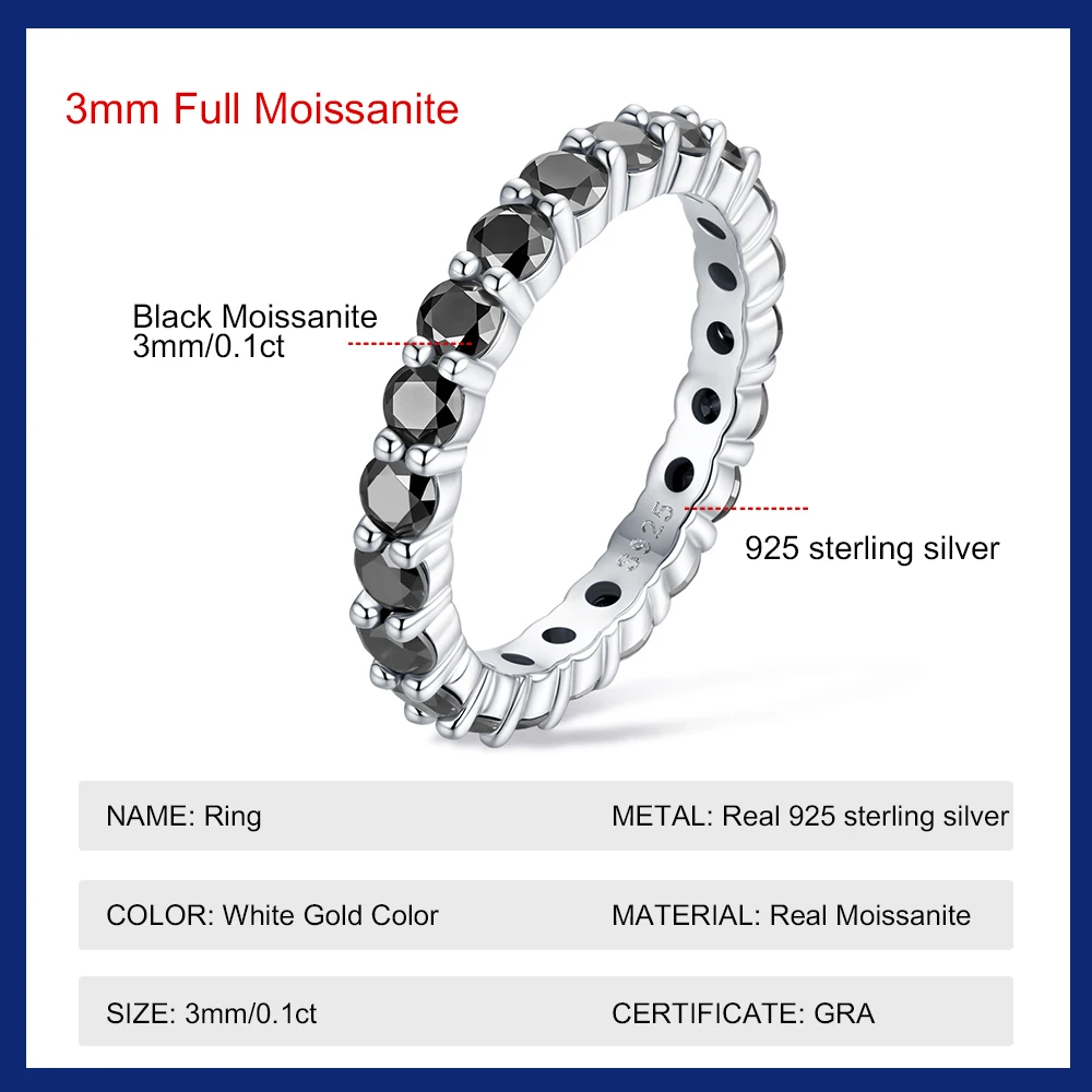3mm All Black Moissanite Ring S925 Sterling Silver Full Eternity Stackable Band Wedding Engagement Rings  for Women Fine Jewelry