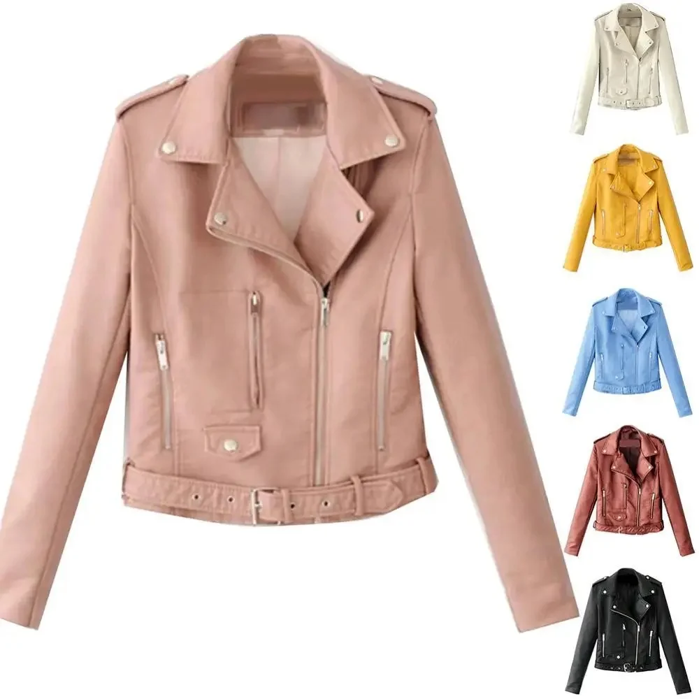 AliExpress Women Bike Coat Leather Long Sleeve Lapel Outwear Zipper Outfit Button Pocket Jacket Spring Autumn Women Fashion Short Coat