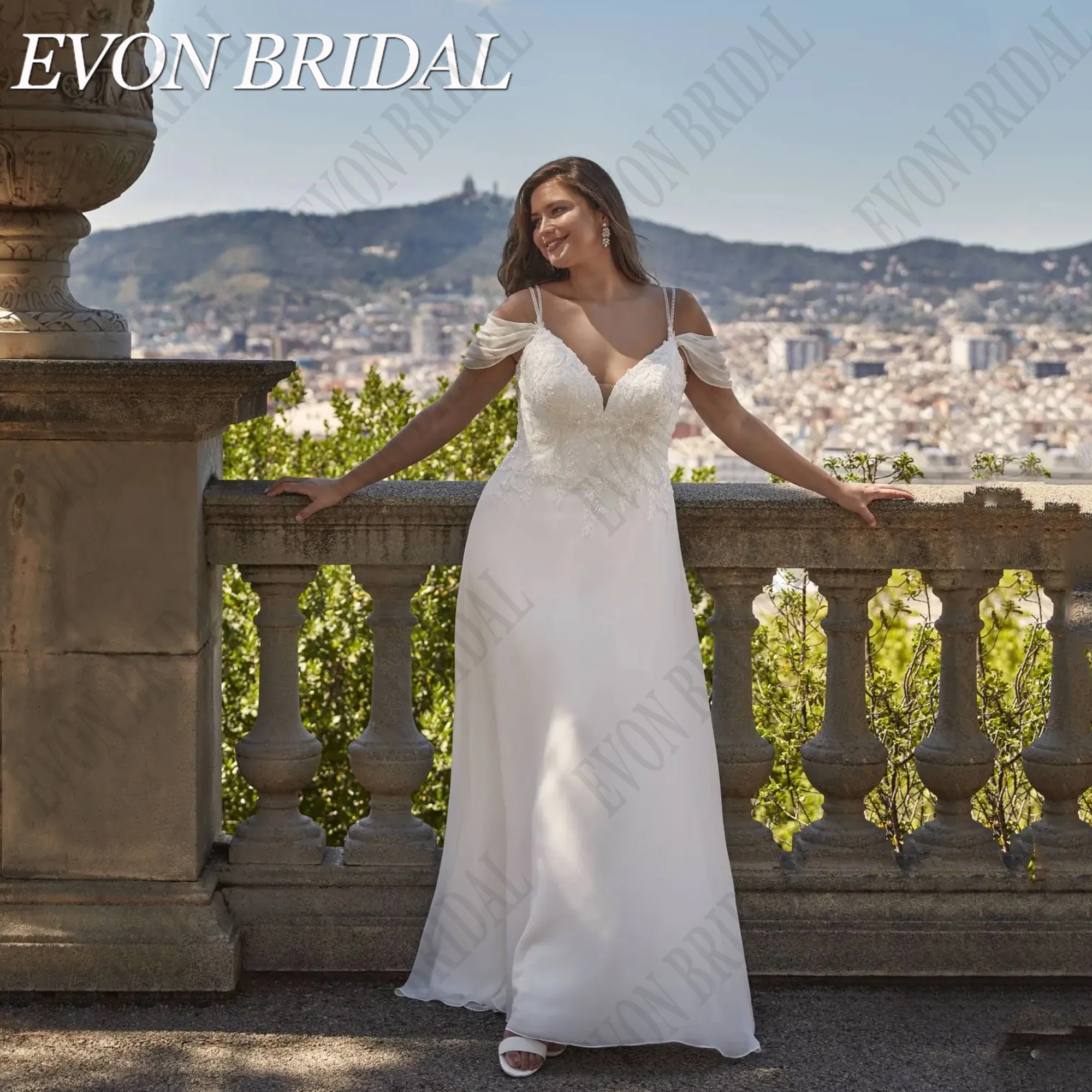 EVON BRIDAL Wedding Dress Plus Size Chiffon A-Line Applique V-Neck Sequin Civil Bride Gowns Vestidos De Novia Spaghetti Straps