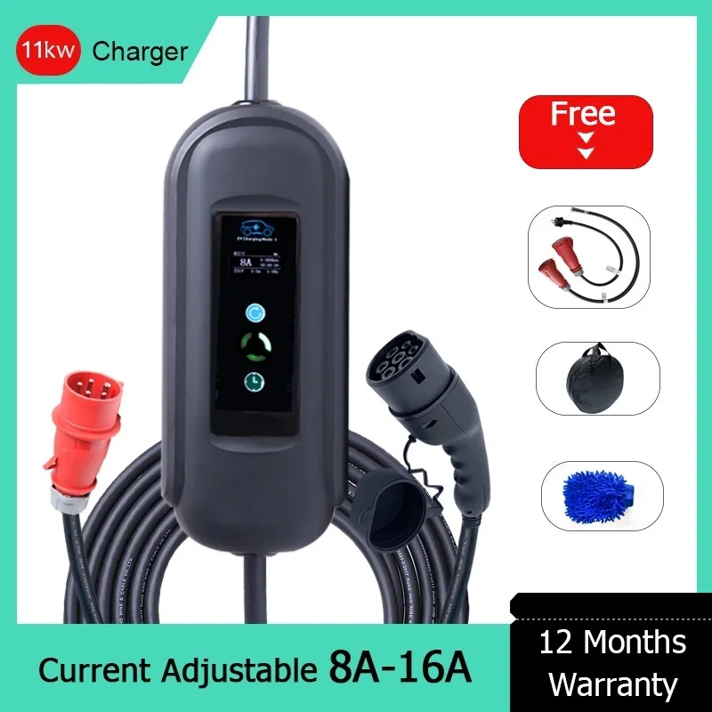 Cable de carga rápida EV para coche eléctrico, Cable portátil con corriente ajustable CE, tipo 2, 16A, 11KW, IEC 62196, 3 fases