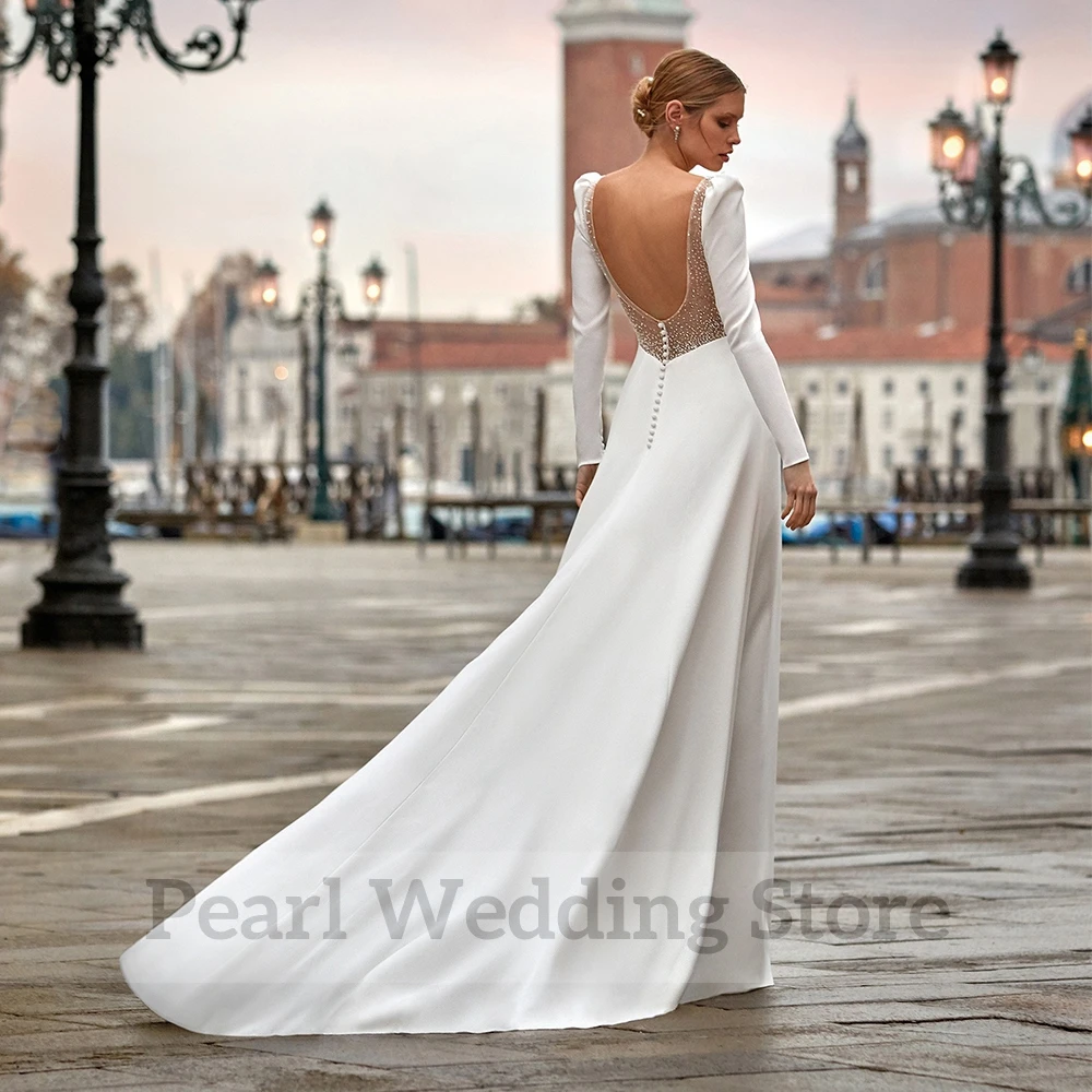 Modern V-Neck Long Sleeve Wedding Dress Sexy Open Back A-Line Floor Length Bridal with Buttons Sweep Train Custom Made Gowns