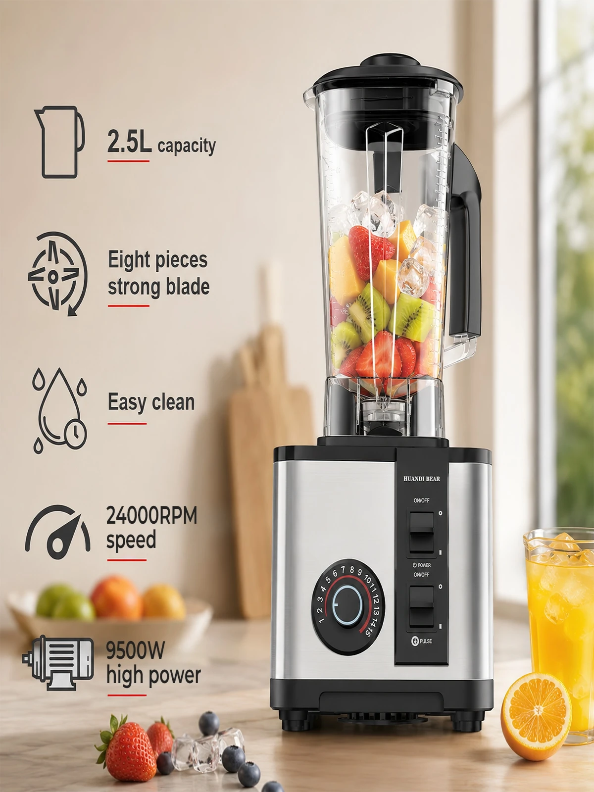 Wielofunkcyjny blender i młynek 2 w 1 o pojemności 2,5 l, wysokiej wydajności, 9500 W, do użytku na blacie, z 8 ostrzami do przygotowywania smoothie, 24000 obr./min, urządzenie do obróbki żywności do — 2