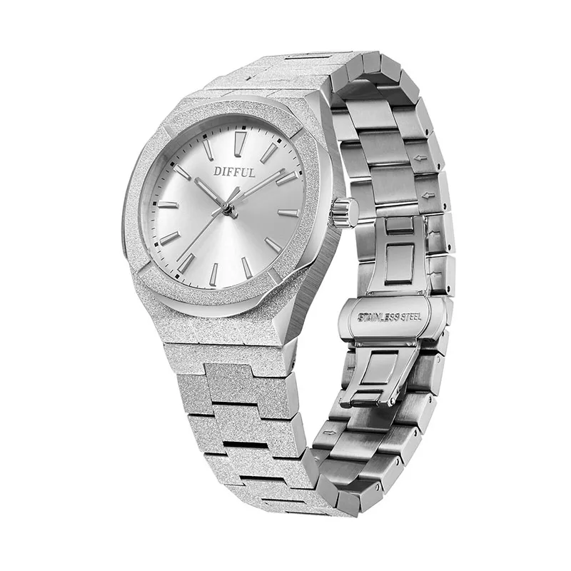 DIFFUL 5ATM Waterproof Luxury All Stainless Steel Paul Rich Style Hip Hop Luminous Star Dust Frosted Watch