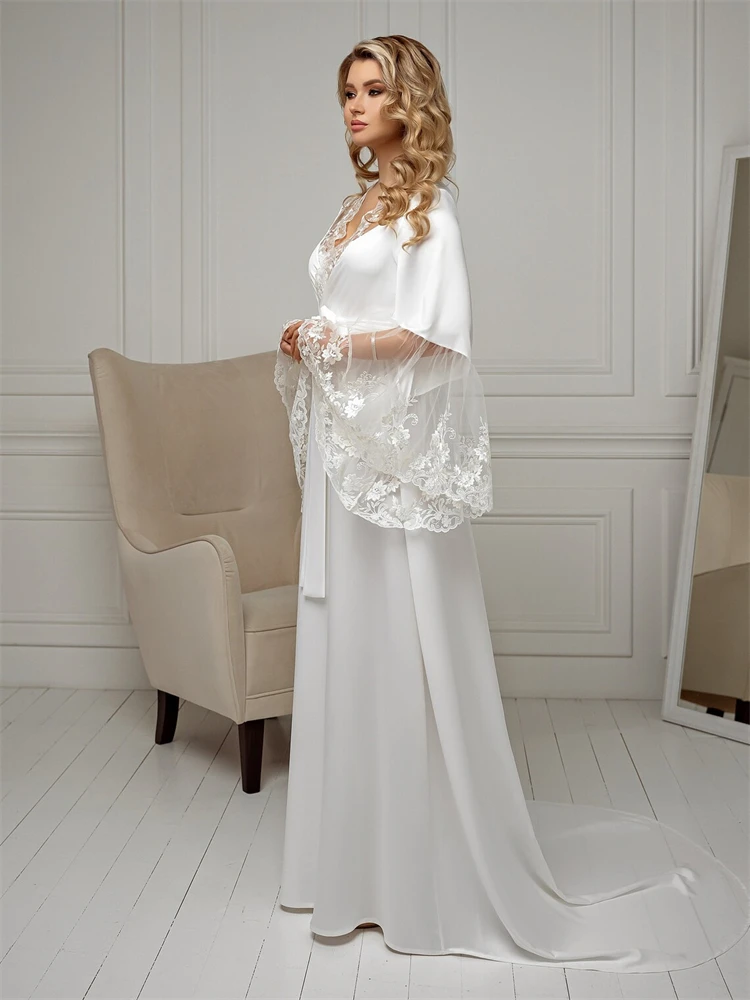 Elegant Lace Bride Robe For Wedding Sexy Flare Sleeves Soft Satin Bridal Shower Dress Women Night Gwon 2024