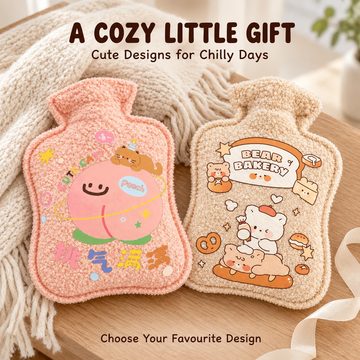 Hot Water Bottle 600ml, Soft Teddy Fleece Mini Hand Warmer, Cute Bear and Fruit Designs for Home, Office and Winter Gifts