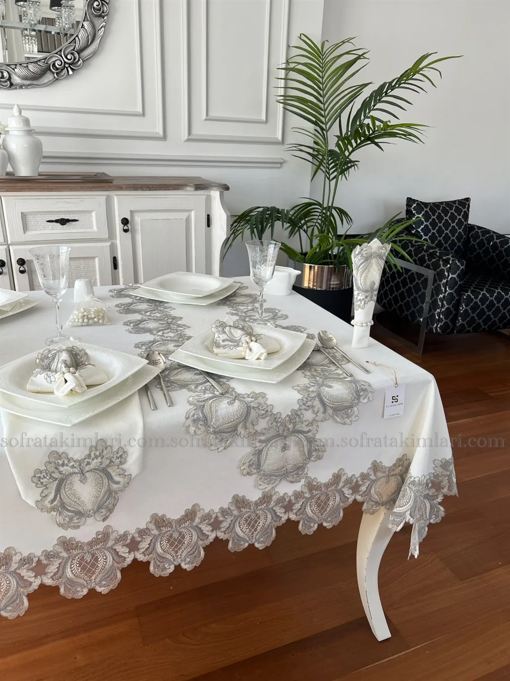 26 Piece Silver Lacy Wallflower Luxury Table Cloth Set Serving Napkin RUNNER Napkin Ring Fast shipping from Turkey