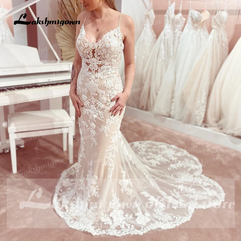 Sexy Spaghetti Straps Mermaid Wedding Dresses Champagne Bride Dress Lace Vestido de Noiva Sereia Wedding Gowns