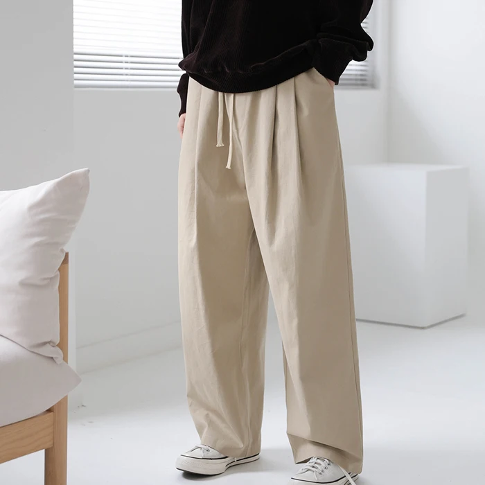 String banding two-pin chin wides cotton pants beige black car call M ~ 2XL fast shipping