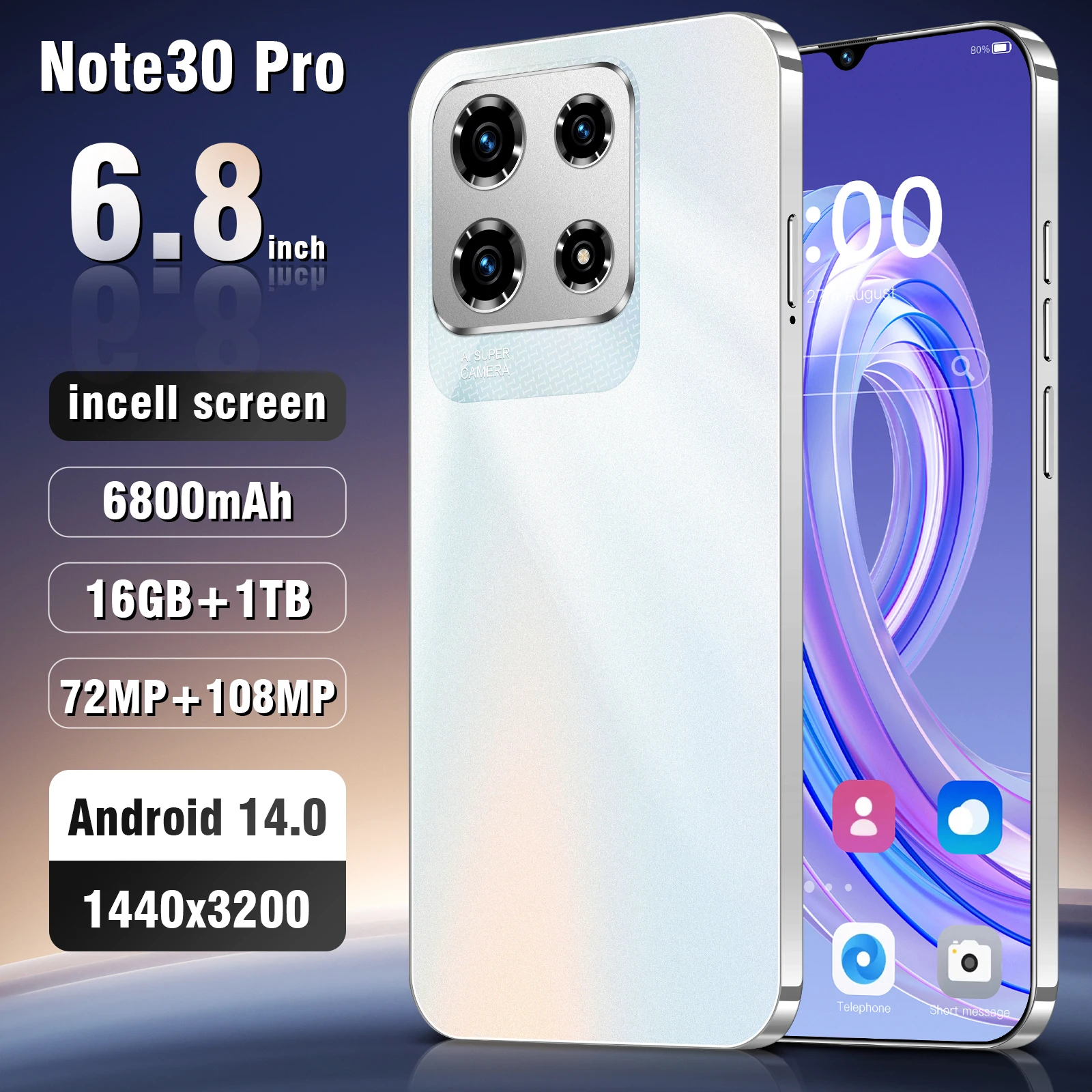 New Note30 Pro Smartphone 6.8inch Full Screen 4G/5G Cell Phone 16TB+1TB 6800mAh Mobile Phones 108MP Global Version Celulares