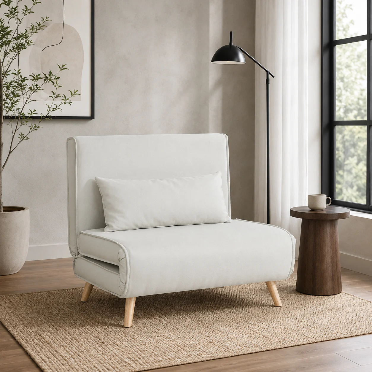 Canapé-lit 1 place avec dossier réglable, coussin inclus et pieds pliables charge 120 kg blanc