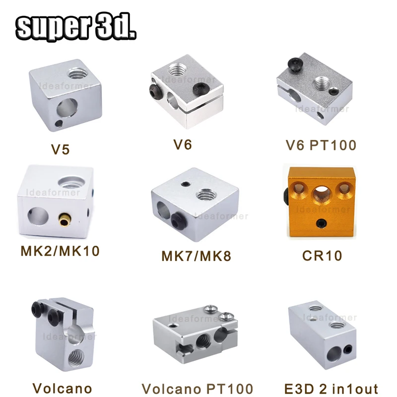 1 pcs 3D Heat Block E3D V5 V6 MK7 MK8 MK2 MK10 Volcano PT100 CR10 2 IN 1 OUT  Aluminum/Brass For Hotend 3D Printer Parts