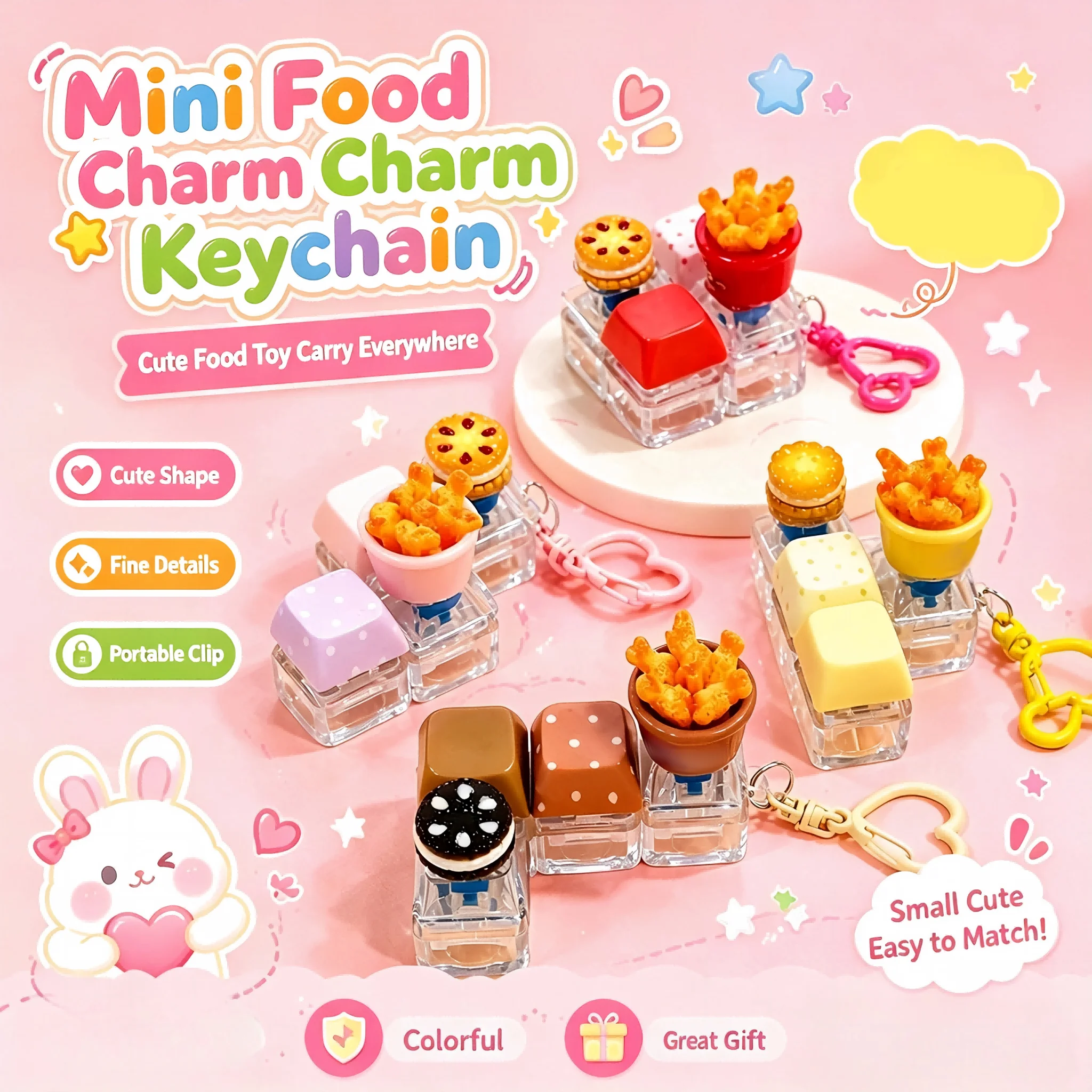 Simulation Fried Chicken Bucket Fidget Toy, Press‑Button Stress Relief Cute DIY Bag Keychain Pendant